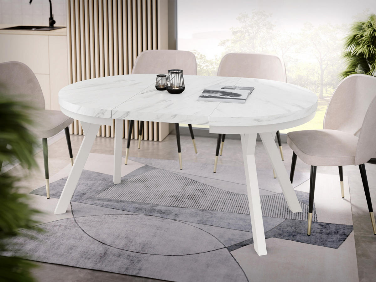 ESSTISCH Lume Weiß runder ausziehbarer, Marmor Weiß 100-150/100/76 cm - Ecru/Weiß, Holz/Holzwerkstoff (100/100/76cm) - WFL GROUP