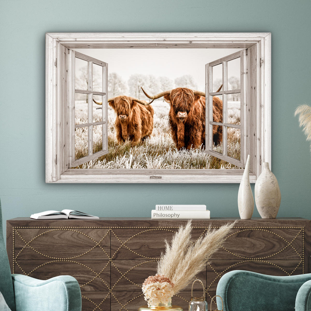 LEINWANDBILD Durchblick - Schottische Highlander - Tiere Wohnzimmer Groß 120x80 cm - Hellbraun, Textil (120/80cm) - MuchoWow