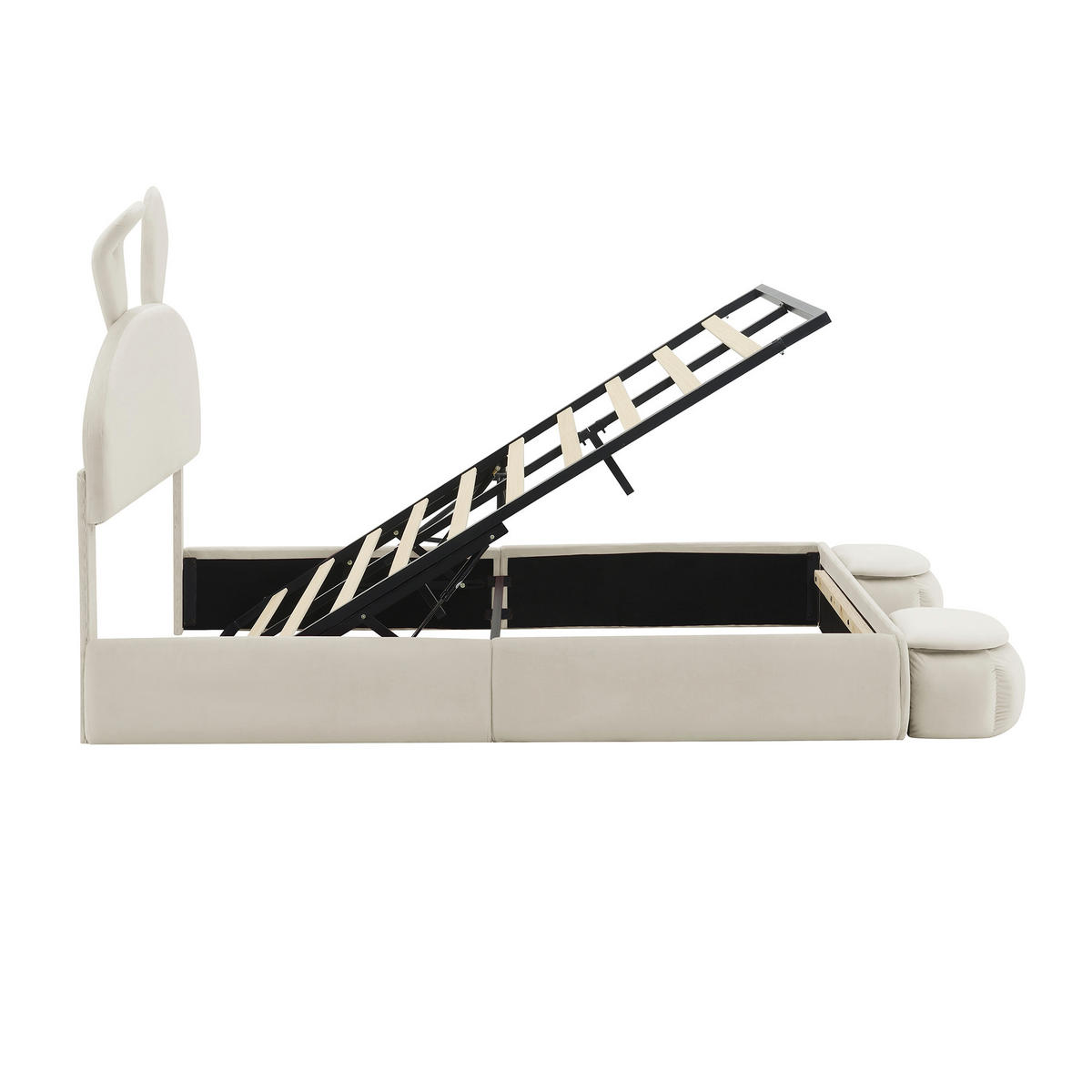 KINDERBETT aus Samt 140x200 cm in Beige mit LED-Licht & Stauraum - Beige, Textil (140/200cm) - Modfu