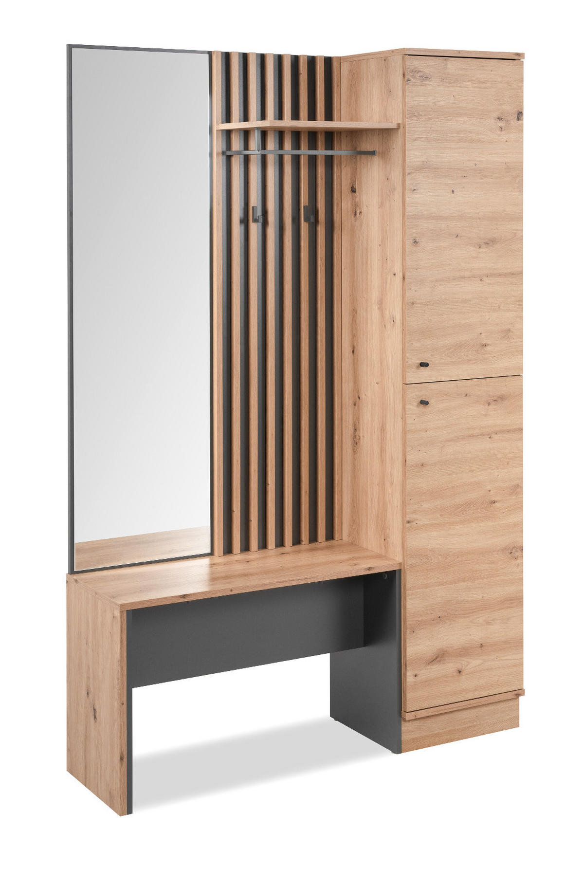 GARDEROBE Eiche Artisan, grau 122 cm, Kompaktgarderobe mit Spiegel - Anthrazit/Schwarz, Holzwerkstoff/Kunststoff (122/190/37cm) - Furn.Design