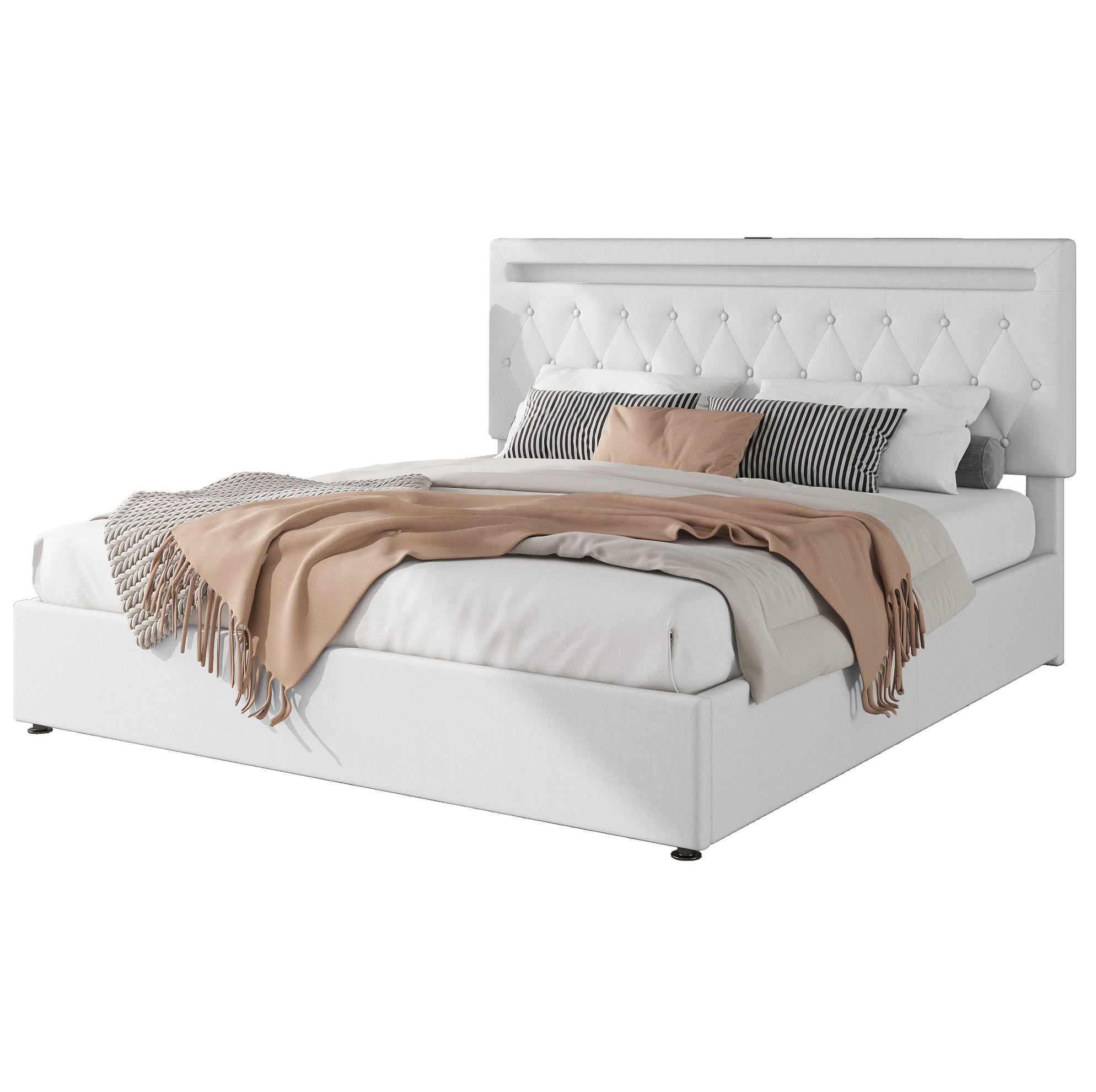 POLSTERBETT 180/200 cm mit Bettkasten, USB und LED-Beleuchtung in Weiß - Weiß, Textil (180/200cm) - BEAOK
