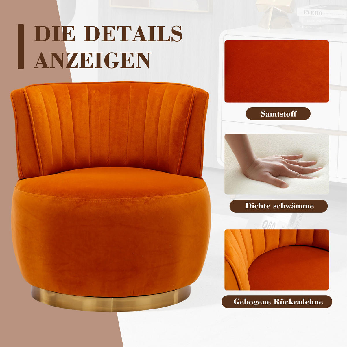 STUHL, Samt, 360° drehbar, 62,5/62/69,5 cm, Orange - Orange, Textil (62/69.5/62.5cm) - Redom