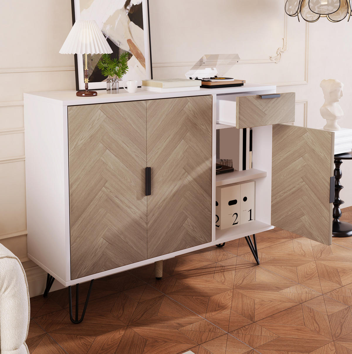 SIDEBOARD 90/30/71,5 cm aus MDF und Spanplatte mit höhenverstellbaren Einlegeböden Weiß/Holzfarben - Naturfarben, Holzwerkstoff (30/71.5/90cm) - Modenvie