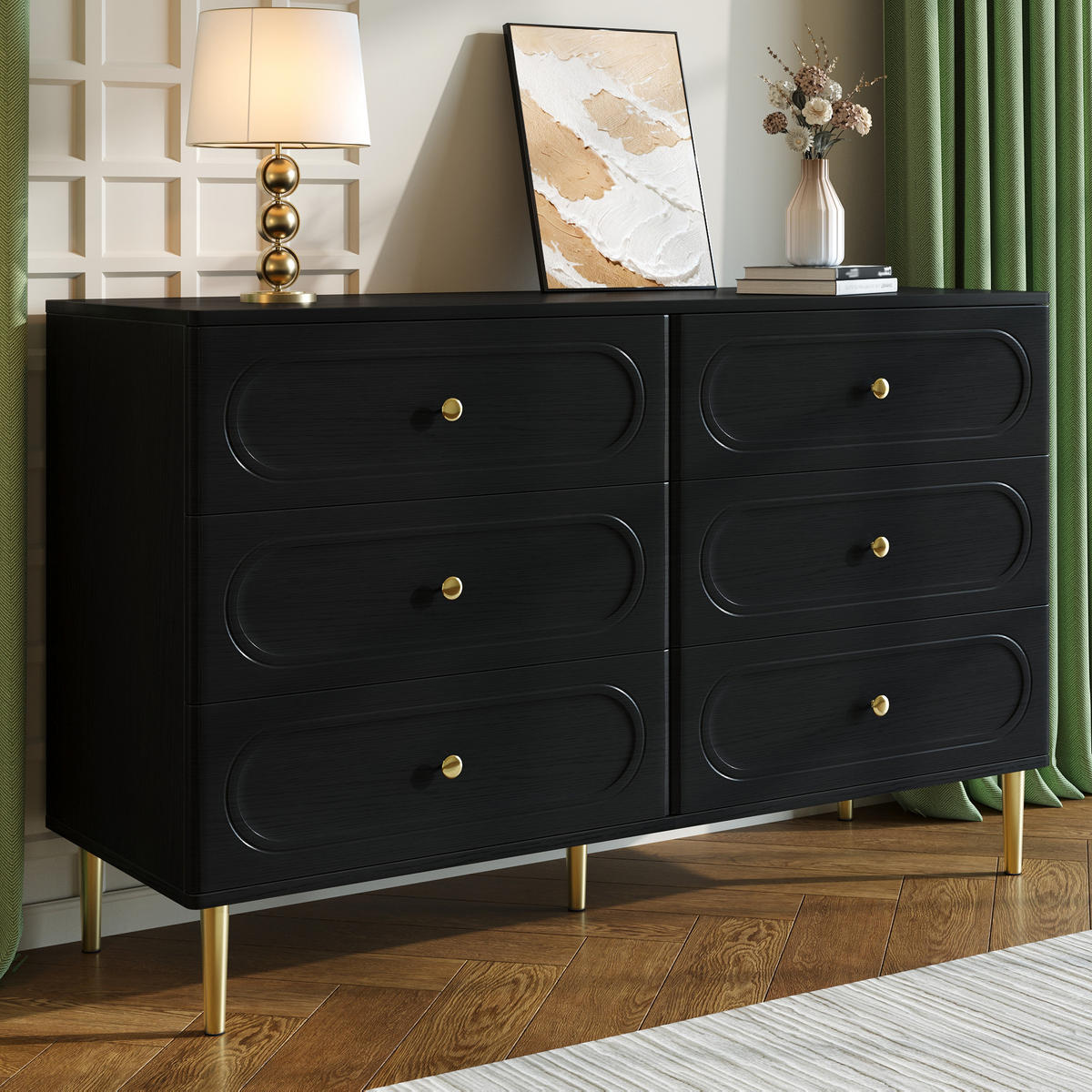 SIDEBOARD 6 Schubladen Metallfüße ovale Vertiefungen modern - Schwarz, Holzwerkstoff (40/75/120cm) - FLIEKS