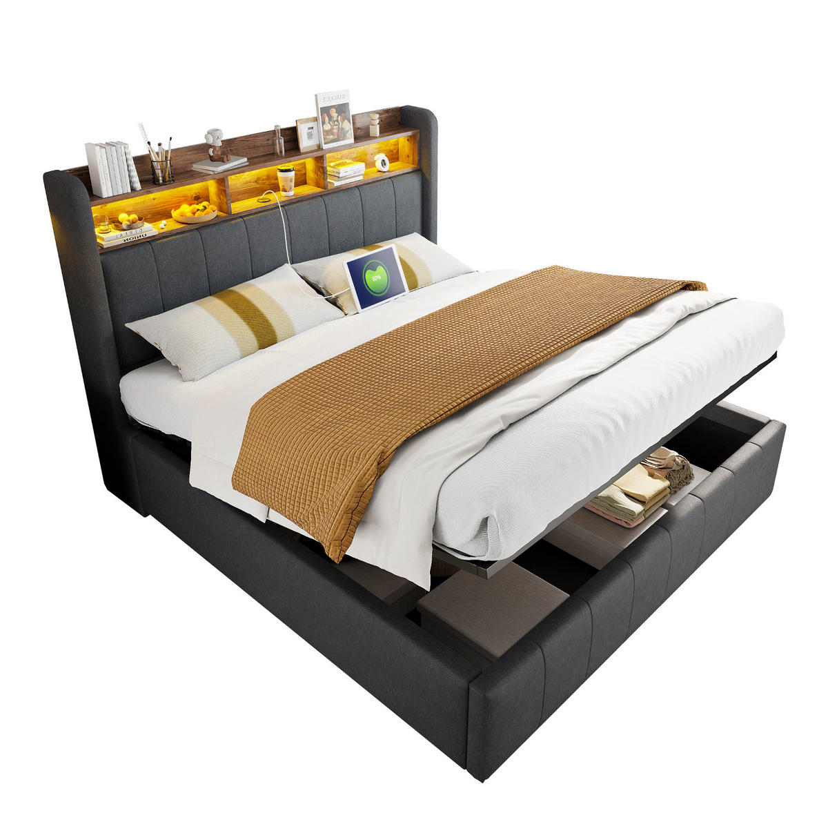 POLSTERBETT 160/200 cm aus Leinenstoff mit LED-Beleuchtung und Stauraum Grau - Grau, Textil (160/200cm) - Modenvie