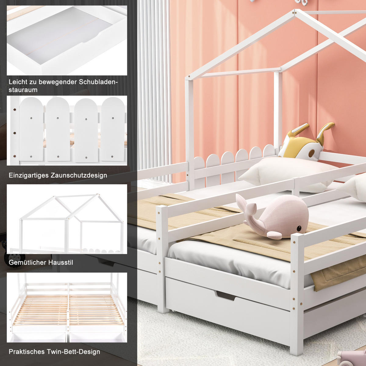 HAUSBETT aus Kiefer und MDF 200x90 cm Weiß mit 2 Schubladen, Schutzgitter und geteiltem Hausbett-Design - Weiß, Holzwerkstoff (90/200cm) - Modfu