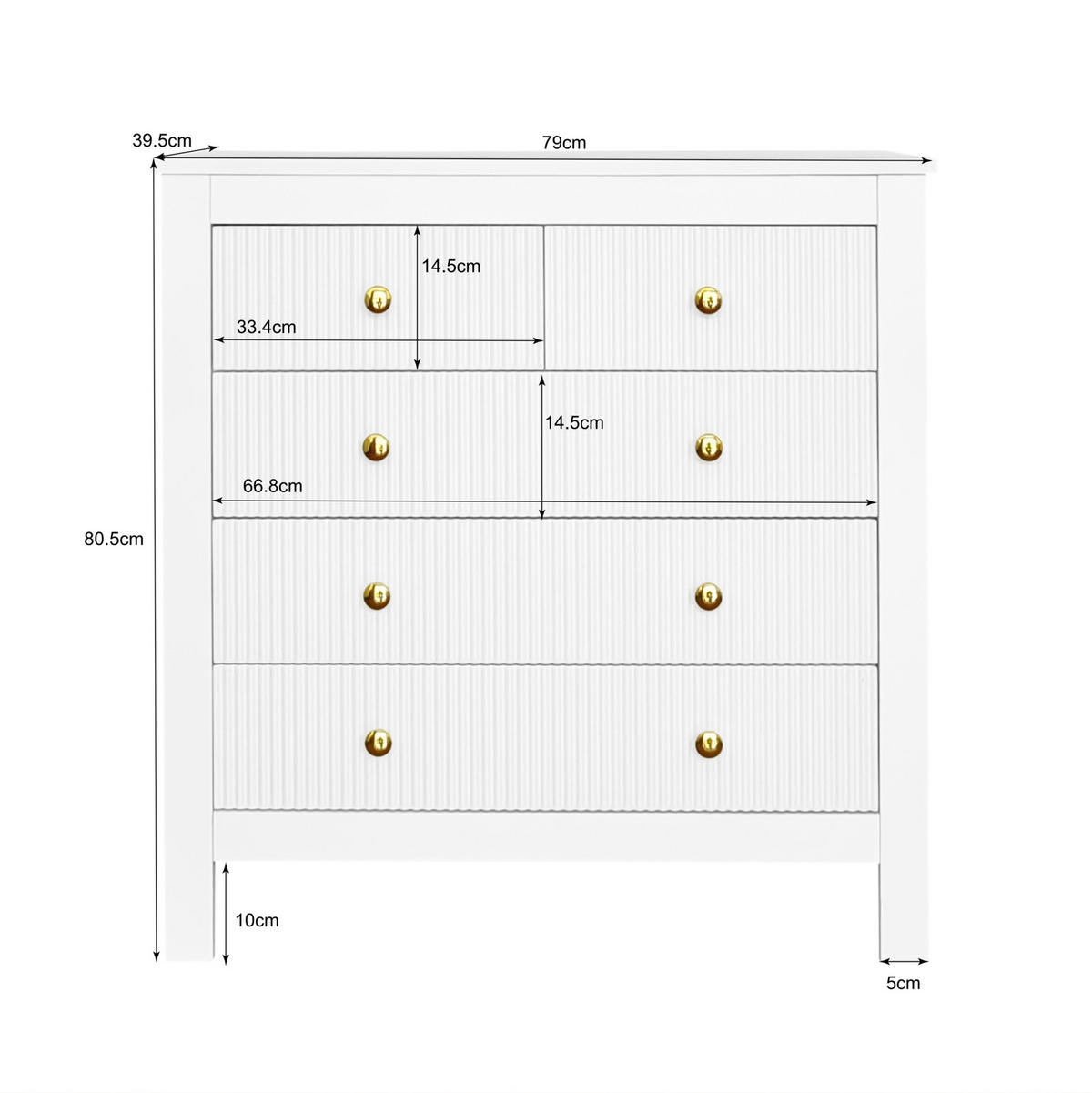 KOMMODE aus Spanplatte 79x80,5x39,5cm in Weiß mit 5 Schubladen - Weiß, Holzwerkstoff (80.5/80.5/39.5cm) - Modfu