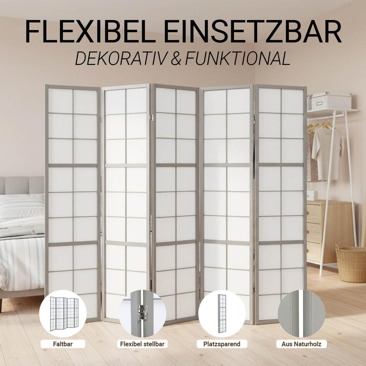 PARAVENT 5-tlg 220/179 cm Grau Holz Shoji - Grau, Holz (220/179/2cm) - Homestyle4u