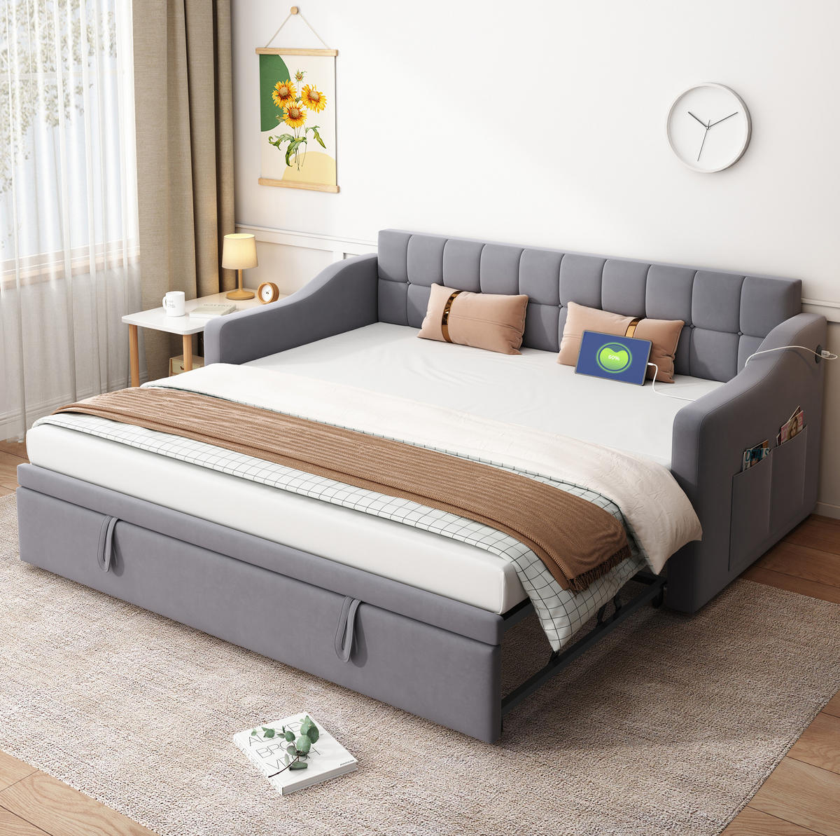 ČALÚNENÁ posteľ zo zamatu 90x190 cm sivá rozkladacia s USB portmi a pevným roštom - sivá, textil (90/190cm) - Modfu