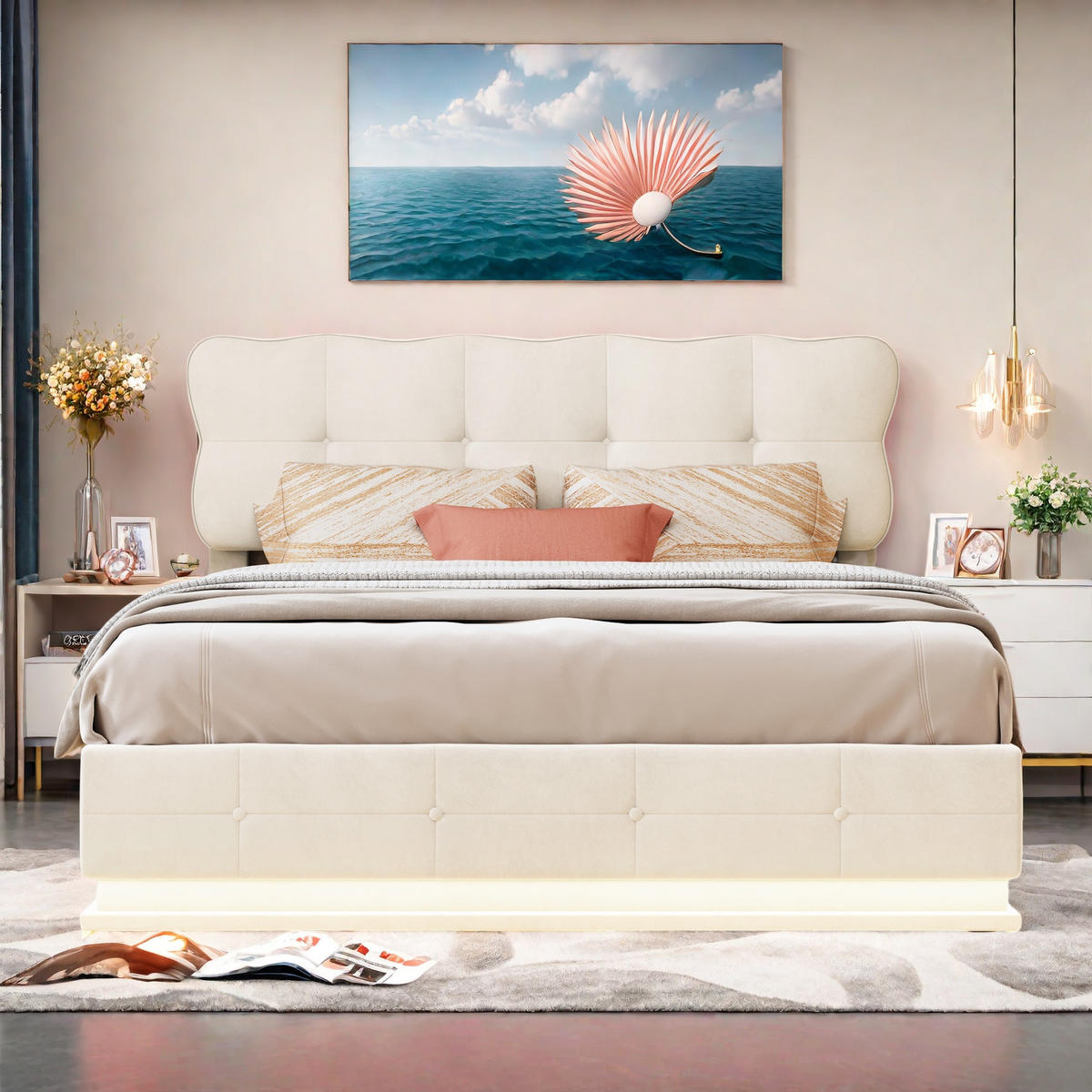 ČALÚNENÁ posteľ 140x200 cm sivý zamat s LED úložným priestorom - béžová, kov (140/200cm) - SHOPENTRA