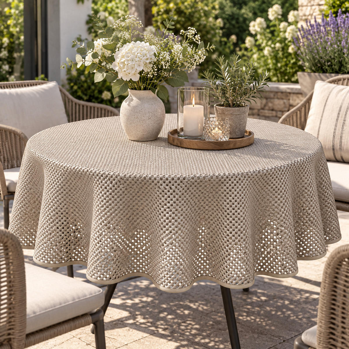 TISCHDECKE Gartentischdecke Karo Beige 140 cm rund - Beige, Kunststoff (140cm) - TiborTex