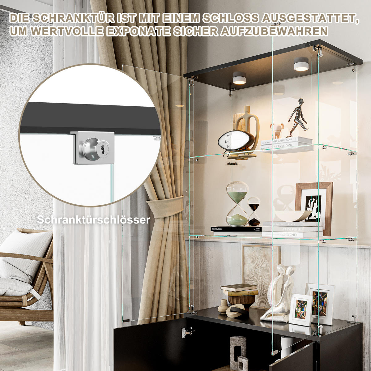 GLASVITRINE 4 Türen 6 Einlegeböden LED Touch schwarz - Schwarz, Holz (78.5/164/35cm) - Fortuna Lai