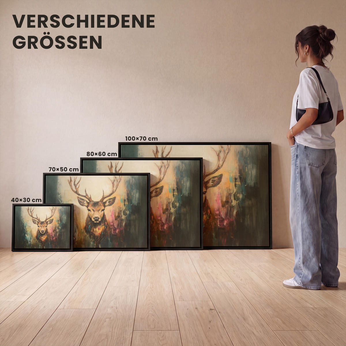 LEINWAND Bilder mit Rahmen - Hirsch - Gemalt - Geweih - Braun - 70x50 - Haselnussfarben, Textil (70/50cm) - MuchoWow
