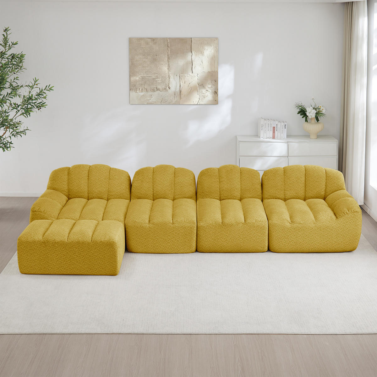 4-SITZER ECKSOFA Granulierter Fleece Gelb mit Ottomane - Gelb, Textil (366/165cm) - WISHDOR