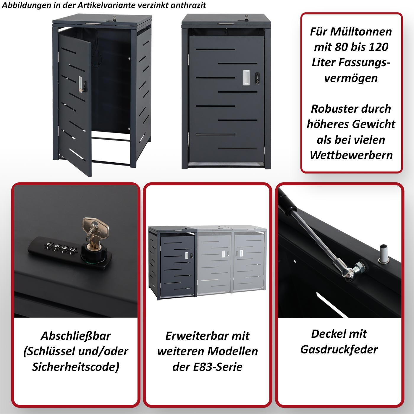 Thumbnail - MCW Mülltonnenverkleidung, Anthrazit, Metall, 60x103x62 cm, Aufbewahrung & Schutzhüllen