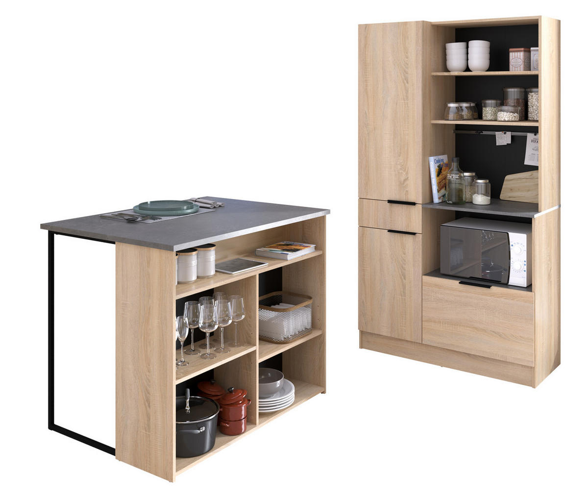 KÜCHENMÖBEL Fumay 2 in Eiche und Beton Optik 2teilig Küchenbuffet mit Küchentheke - Braun, Holzwerkstoff (80/200/120cm)