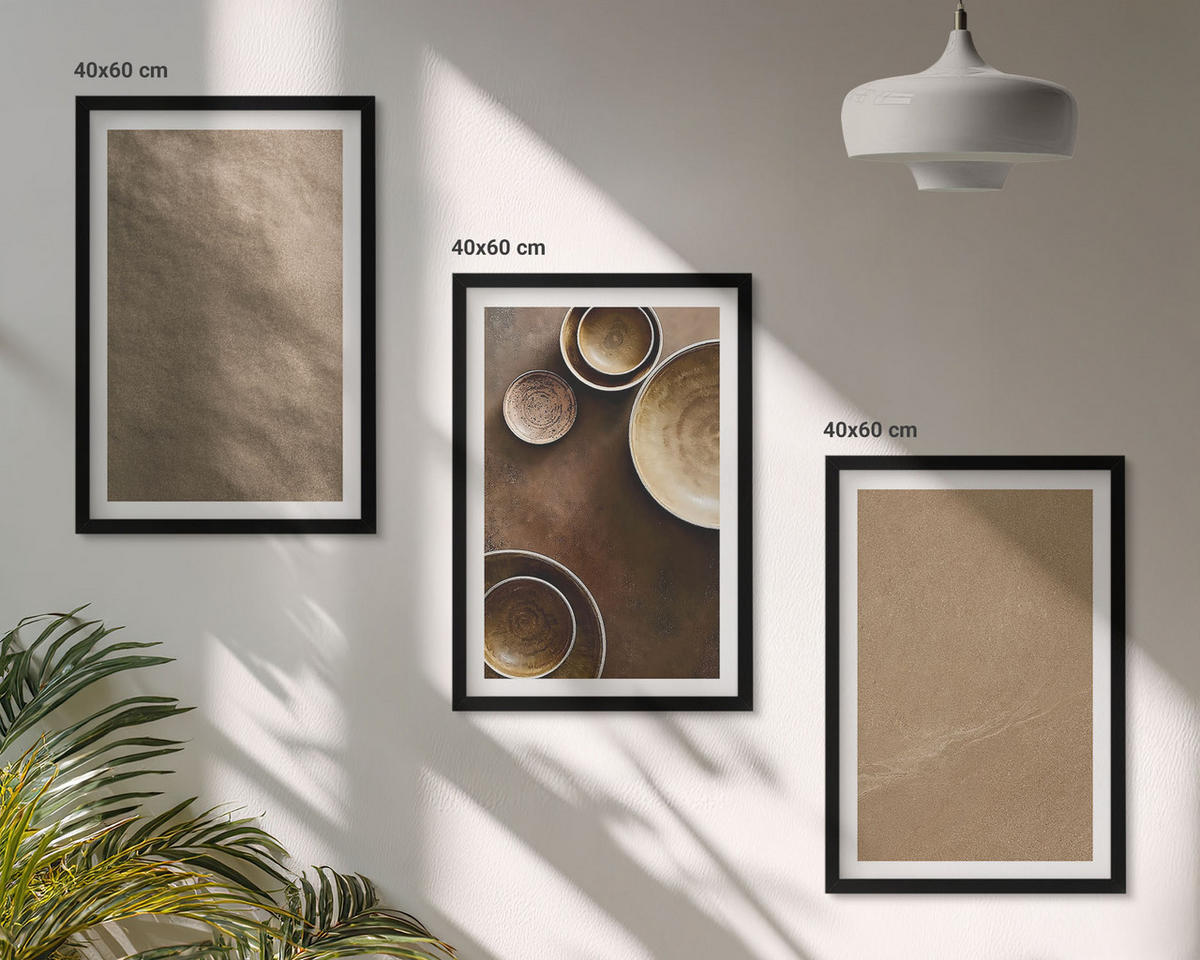 BILDER SET 3er Set - 40x60 cm Schwarzer Rahmen - Minimalistische Steinstrukturen - Schwarz, Kunststoff (40/60cm) - TULUP