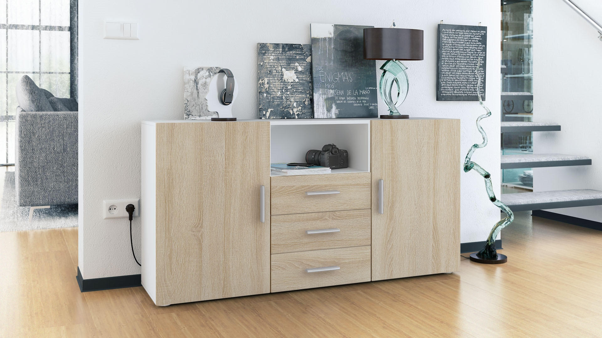 SIDEBOARD Skadu Front in Eiche sägerau - Eiche San Remo, Holzwerkstoff (138.5/71.5/35cm) - Vladon