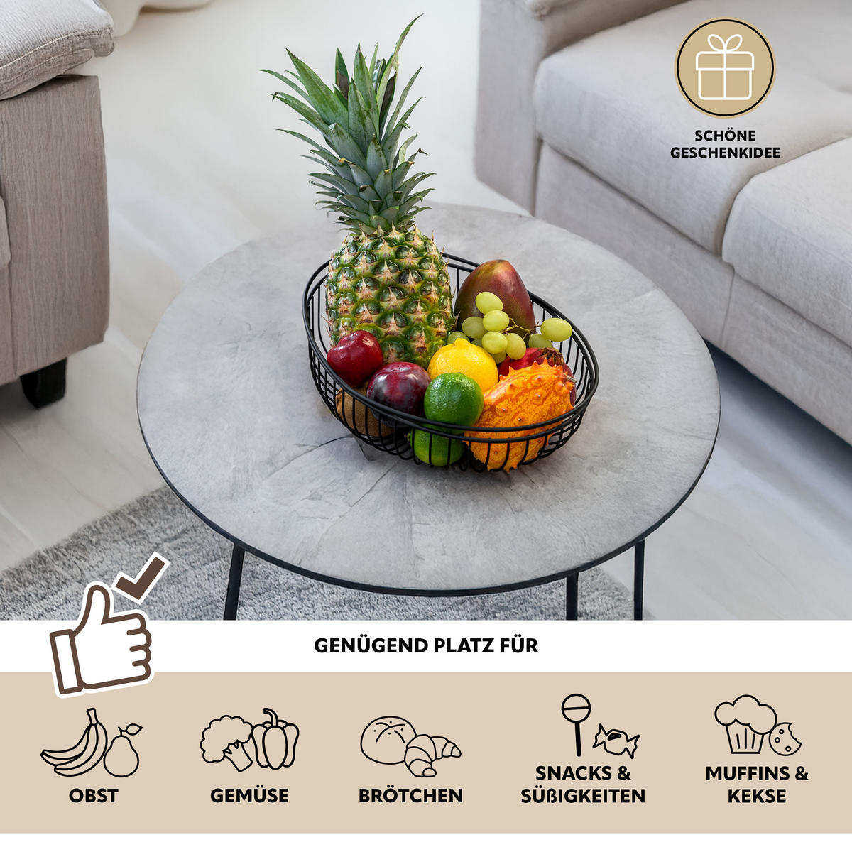 OBSTKORB, rund, aus schwarzem Metall - Schwarz, Metall (11.5cm) - eluno