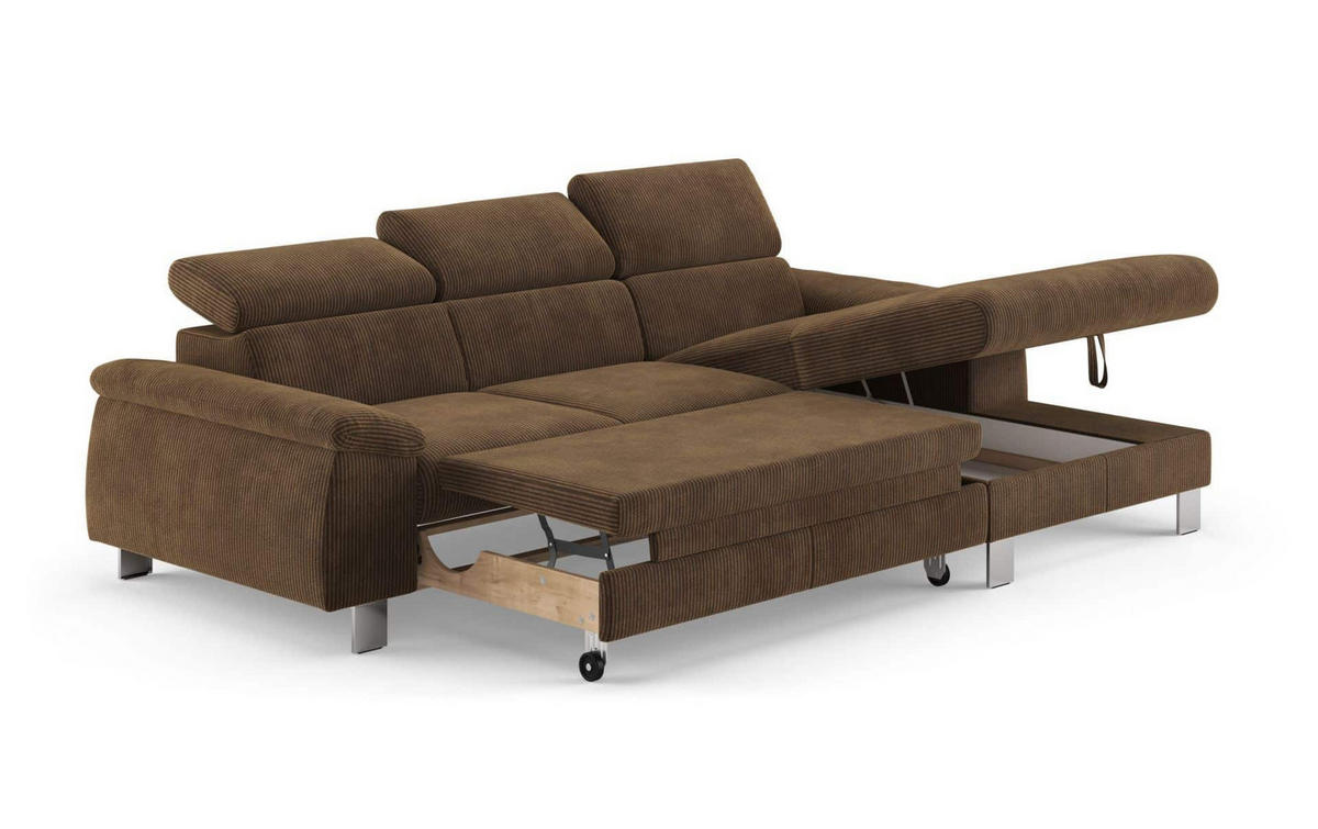 ECKSCHLAFSOFA mit Bettkasten – Cord-Stoff - Chromfarben/Braun, Holz/Textil (166/244cm) - Cotta