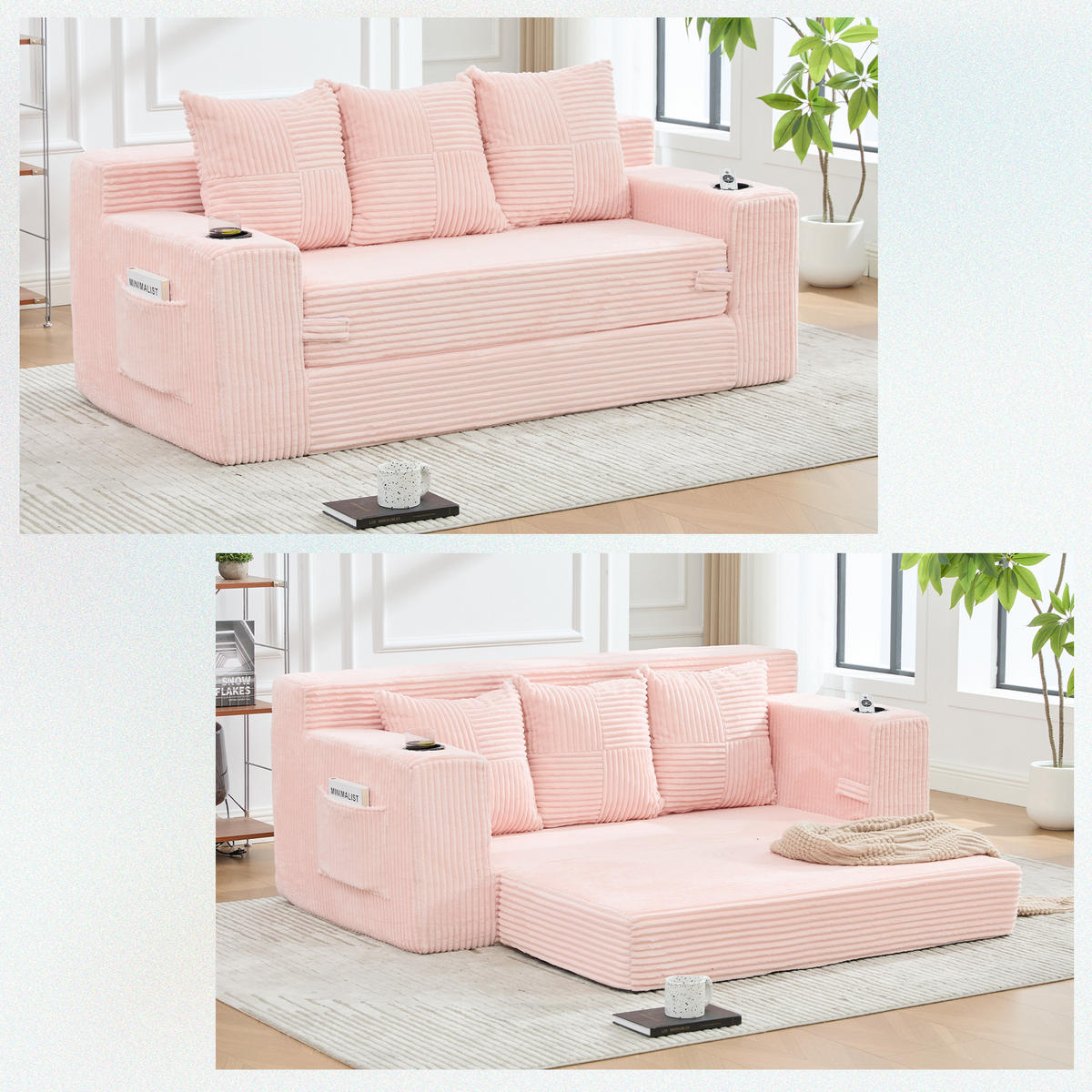 2-SITZER Bodensofa ausklappbar, Getränkehalter/Seitentaschen, Cord, Rosa - Rosa, Textil (172/64/87cm) - LVHOM