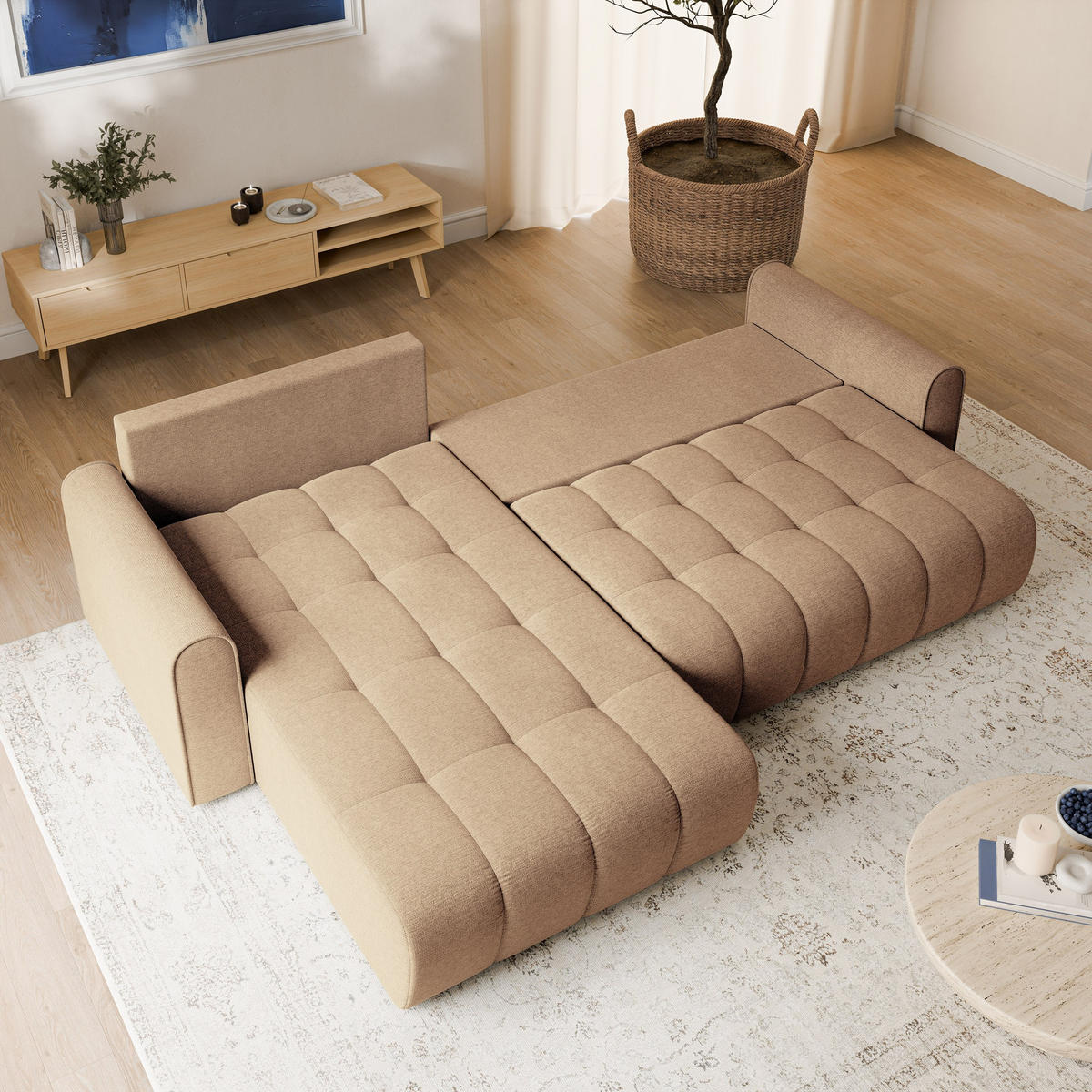 ECKSOFA FRIGA Beige Strukturstoff mit Schlaffunktion - Beige, Holz (283/185cm) - MASSENO