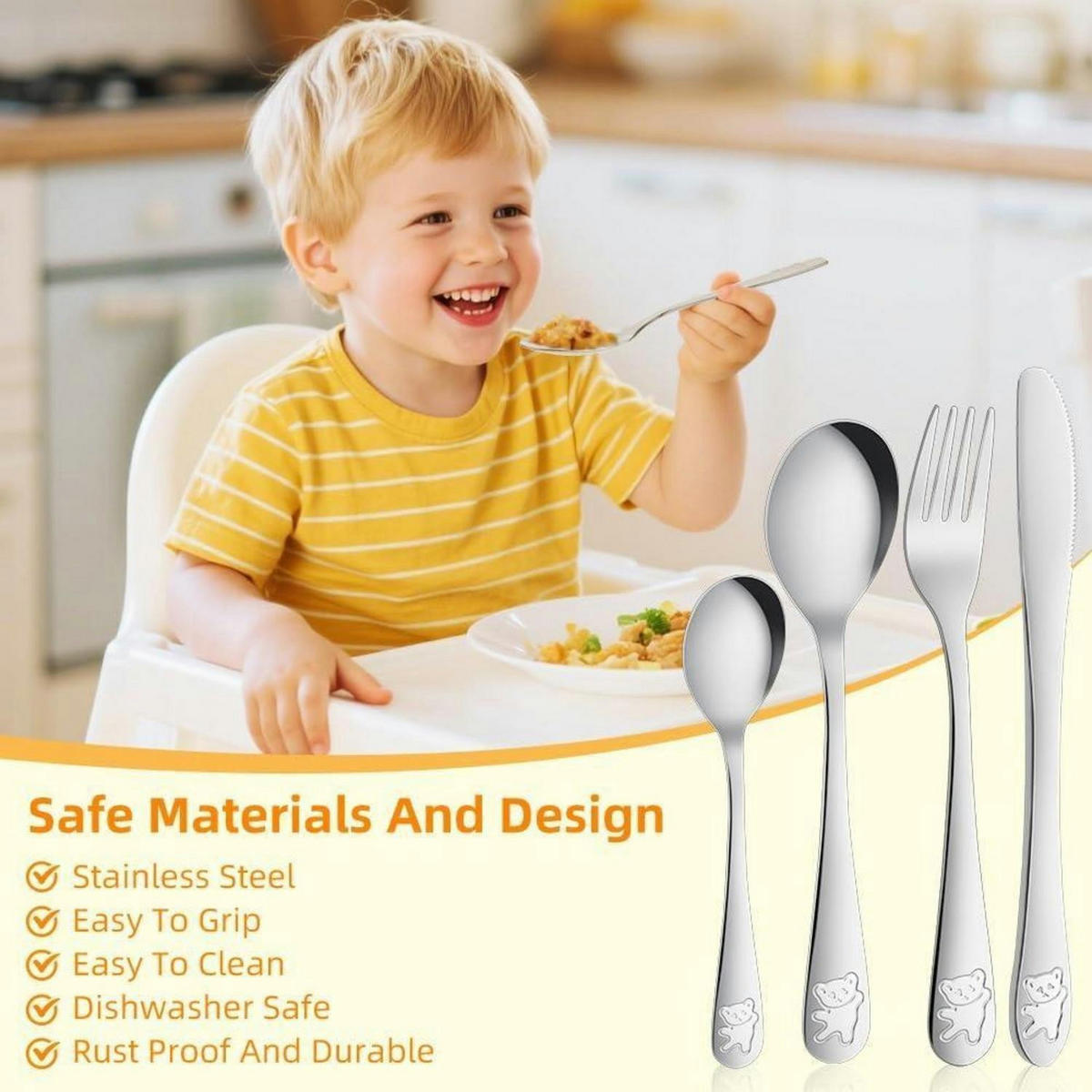 KINDERBESTECK 4-teiliges Set Edelstahl mit Bärenmotiv, graviert - Silberfarben, Metall