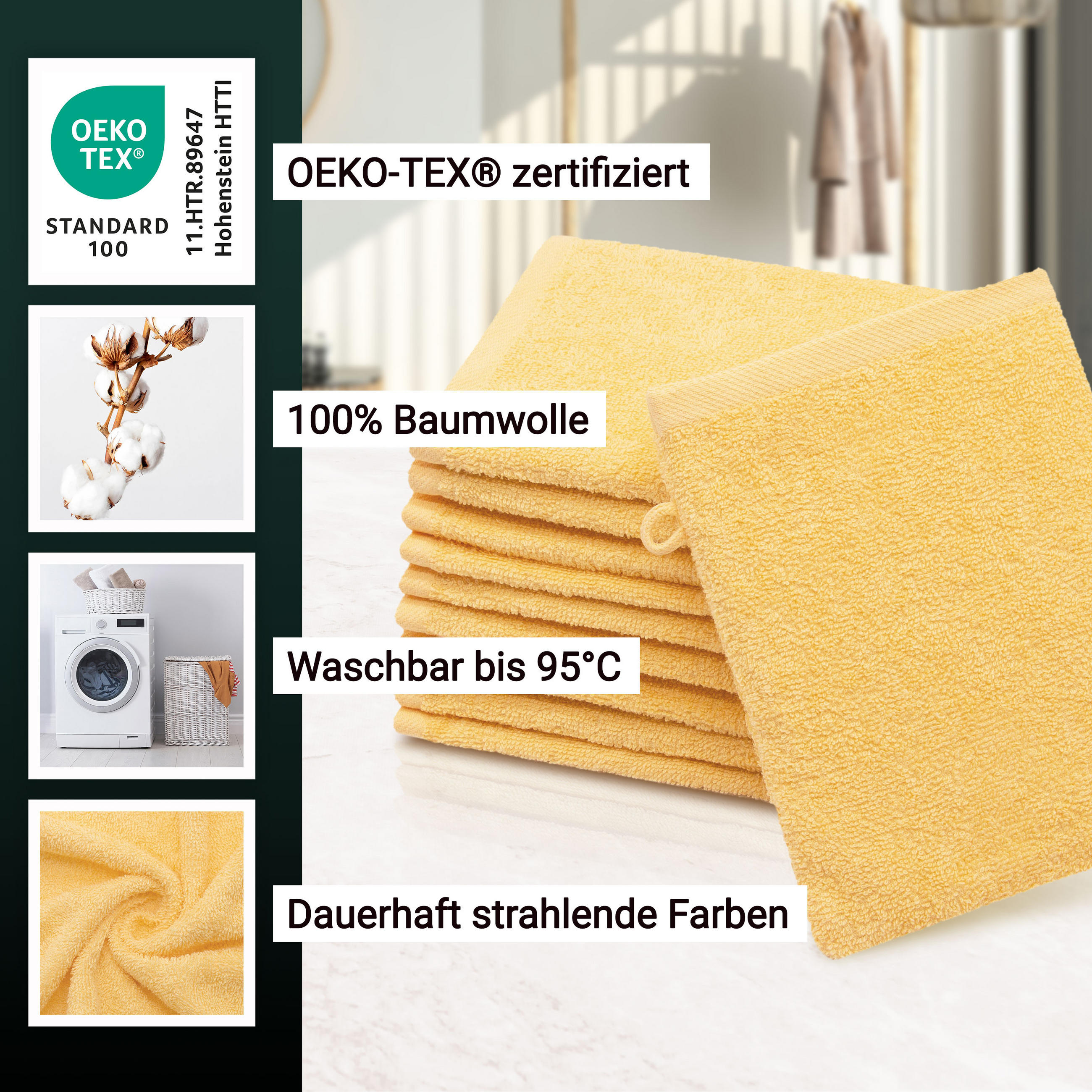 WASCHHANDSCHUH, 10er-Set, 16x21 cm, 100% Baumwolle, Gelb - Gelb, Textil (16/21cm) - Zollner