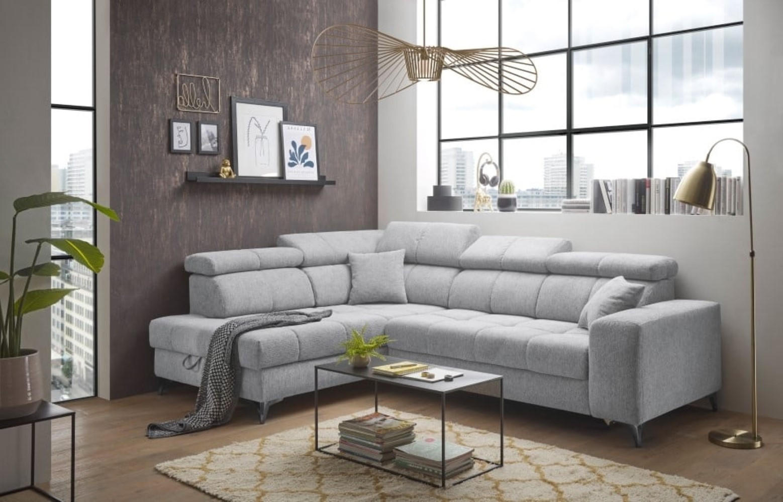 ECKSOFA mit Schlaffunktion und Bettkasten, Luxus-Mikrofaser - Hellgrau/Schwarz, Textil/Metall (282/198cm) - ed exciting design