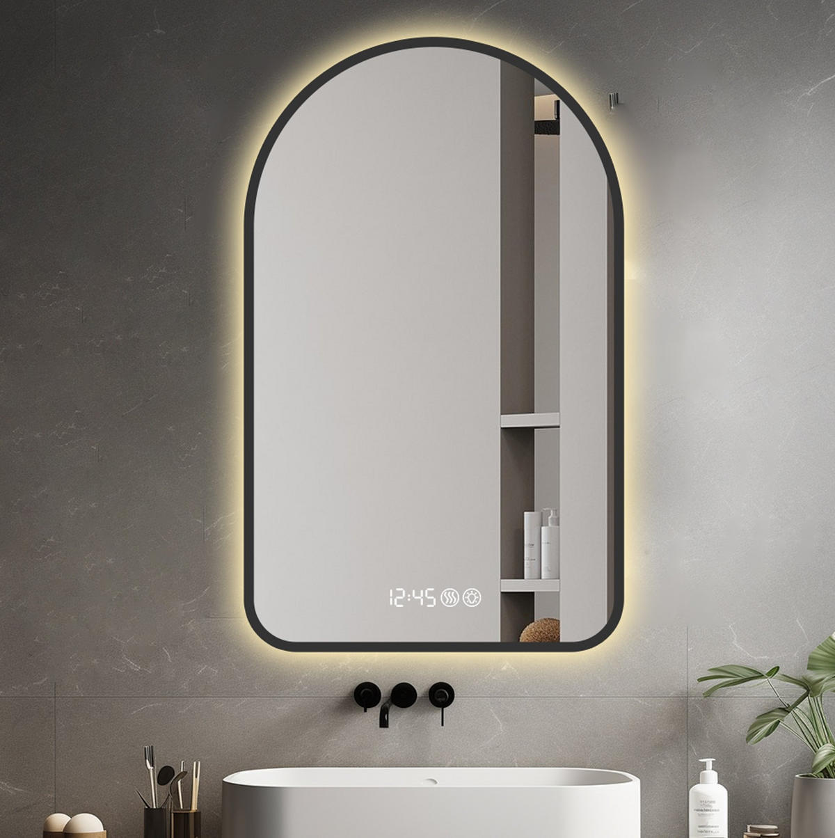 LED Badezimmerspiegel 120x70x3cm Schwarz-Silber,dimmbar,3 Farben,mit Entspiegelung & Temperatur-Anzeige - Silberfarben, Glas (3/120/70cm) - Modfu