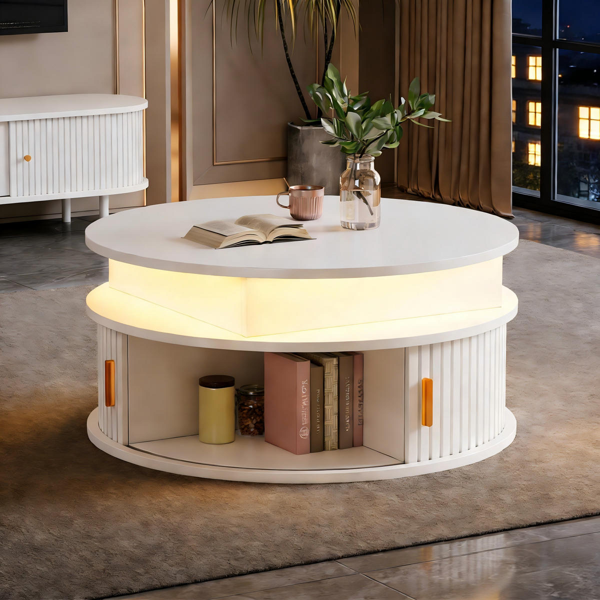 COUCHTISCH DE-37119 rund mit LED und 2 Rolltüren Weiß - Weiß, Holzwerkstoff (75/75/36.5cm) - ComfortXL