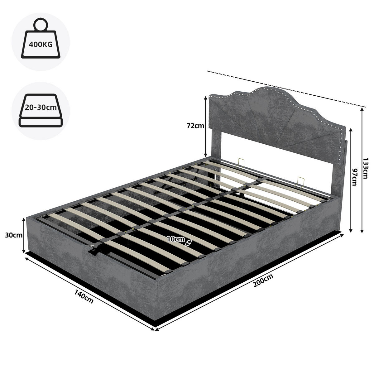POLSTERBETT 140x200 cm Stauraum hydraulisch grau - Grau, Textil (140/200cm) - LEBENLANG