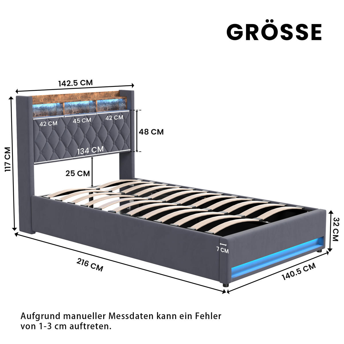POLSTERBETT 140/200 cm Grau mit LED-Lichtleiste und USB-Anschlüssen - Grau, Holzwerkstoff (140/200cm) - OKWISH