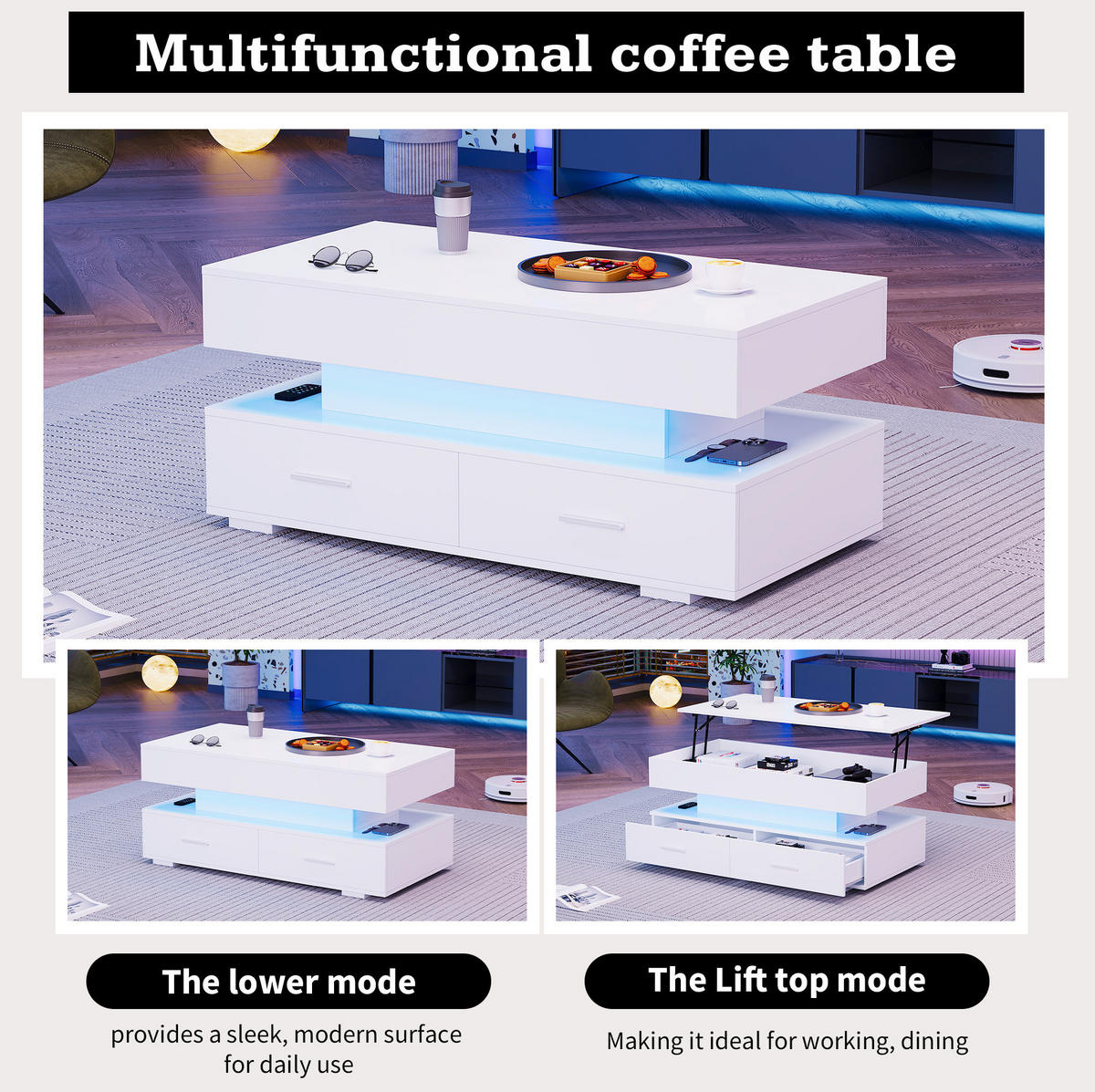 COUCHTISCH 100/50/44 cm weiß aus Spanplatte mit Höhenverstellung, LED-Beleuchtung und Stauraum - Weiß, Holzwerkstoff (100/50/44cm) - OKMYHOME
