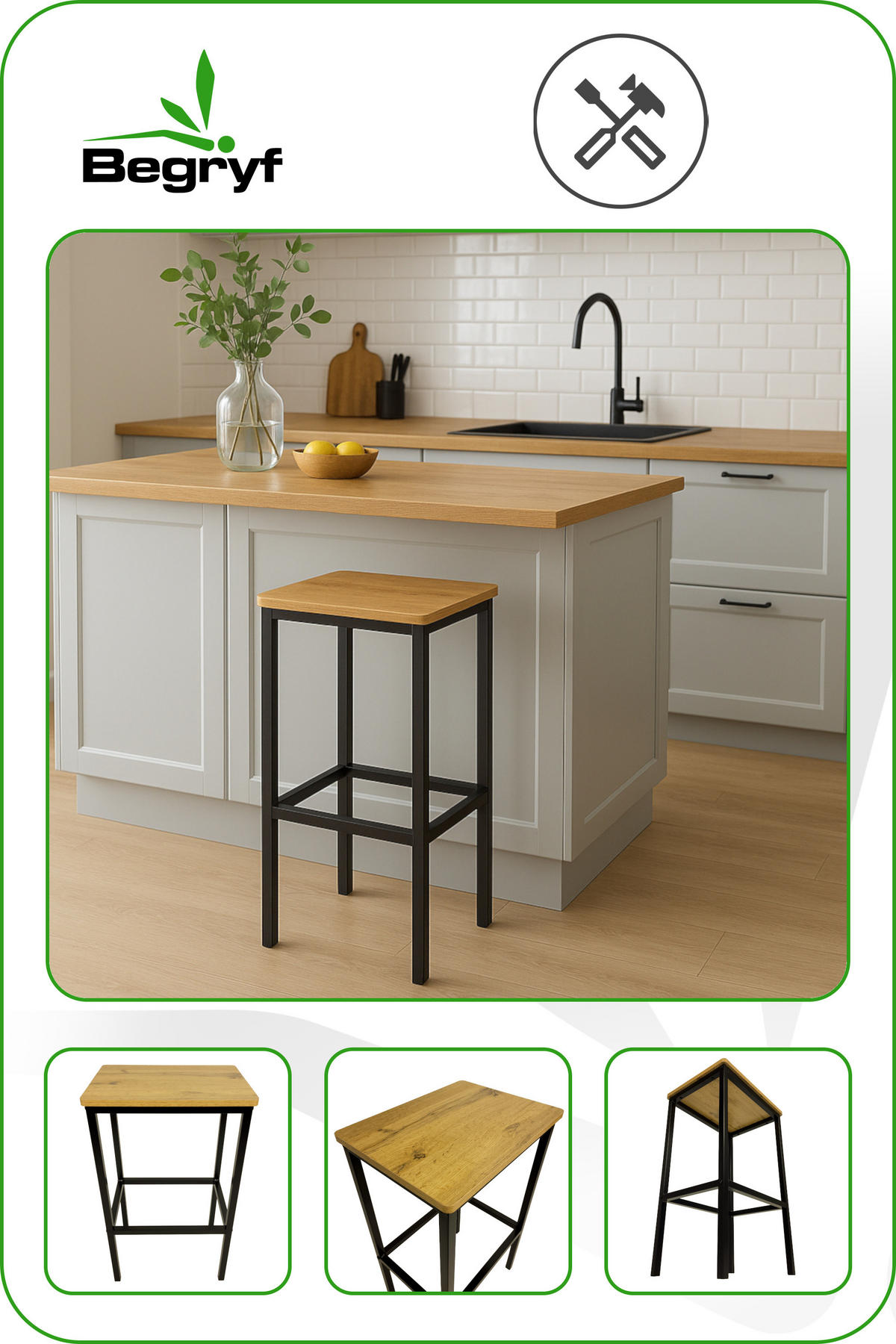 BARHOCKER Holzoptik Metall Eichefarben Schwarz stabil 65 cm - Eichefarben, Holzwerkstoff/Metall (40/65/30cm) - Begryf