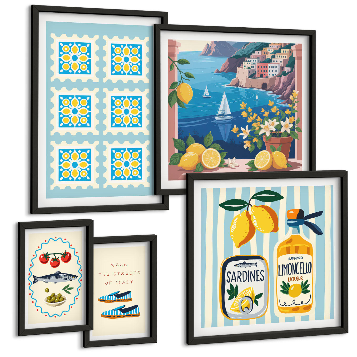 BILDER SET 5er Set - 50x50 cm & 20x30 cm & 40x60 cm Schwarzer Rahmen - Illustrationen der mediterranen Küche - Schwarz, Kunststoff (40/60cm) - TULUP