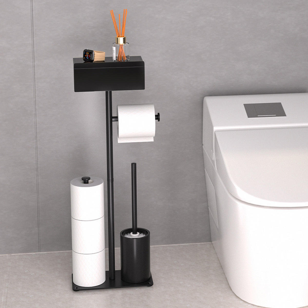 TOILETTENBÜRSTENHALTER – 2-in-1 (Schwarz) 24 x 12 x 69 cm - Schwarz, Metall (12/69/24cm)