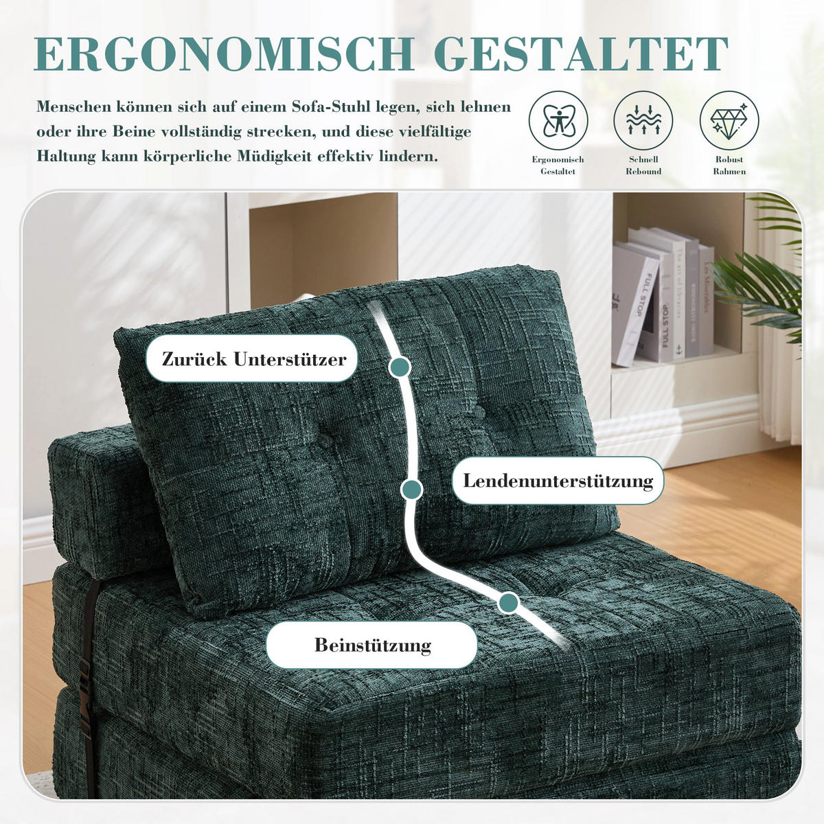 KLAPPBARER Chenille-Sessel mit Kissen, 79 x 79 x 57 cm, Grün - Dunkelgrün, Textil (79/57/79cm) - Urban Meuble