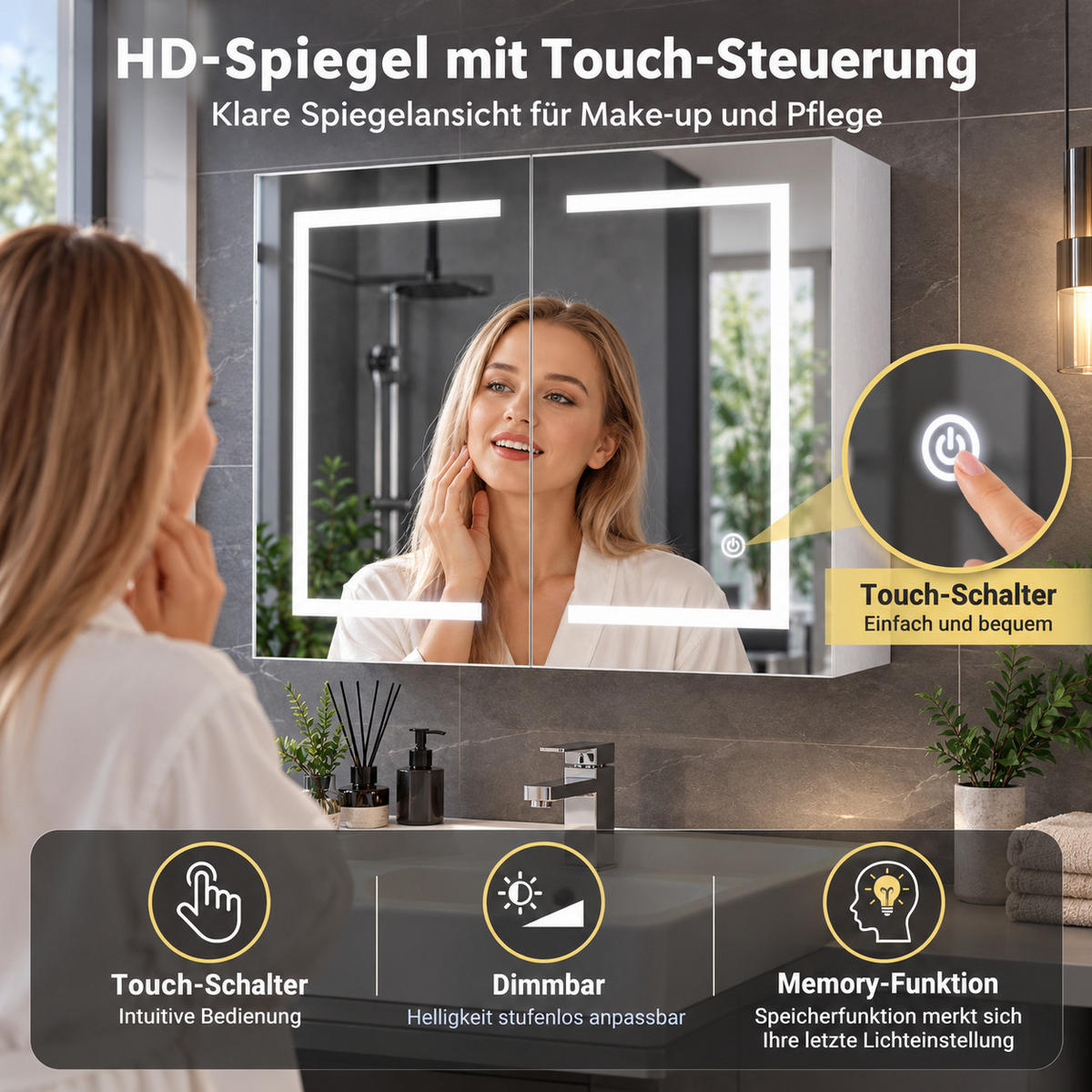 SPIEGELSCHRANK LED 80/60/13.5 cm mit Aufbewahrung, dimmbar, Touch-Schalter, moderner Badezimmer Spiegel mit Stauraum - Weiß, Glas (80/60/13.5cm) - Joyfair