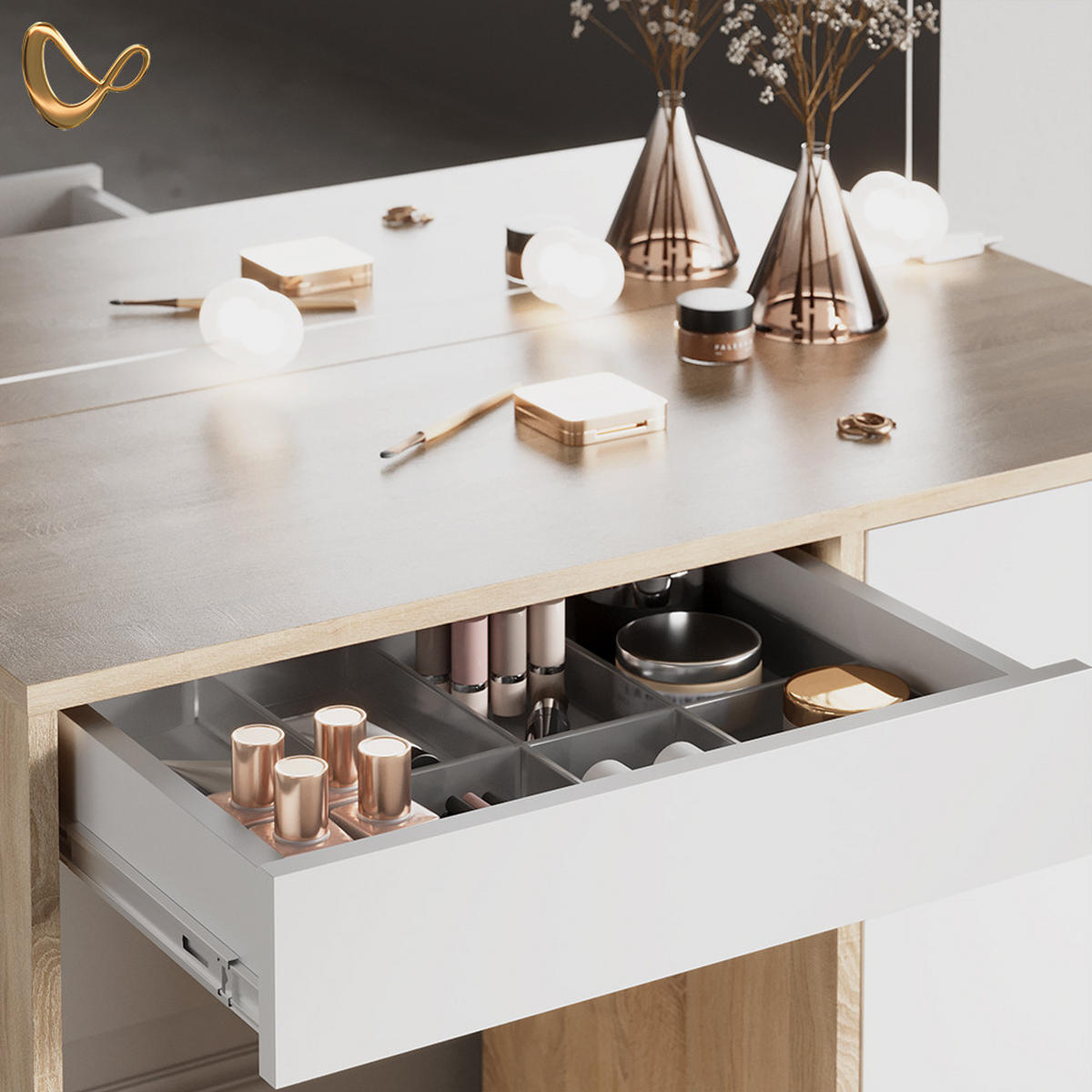 SCHMINKTISCH Imola Sonoma mit LED Beleuchtung und Hocker - Weiß/Sonoma Eiche, Holzwerkstoff (90/75/40cm) - Livinity®