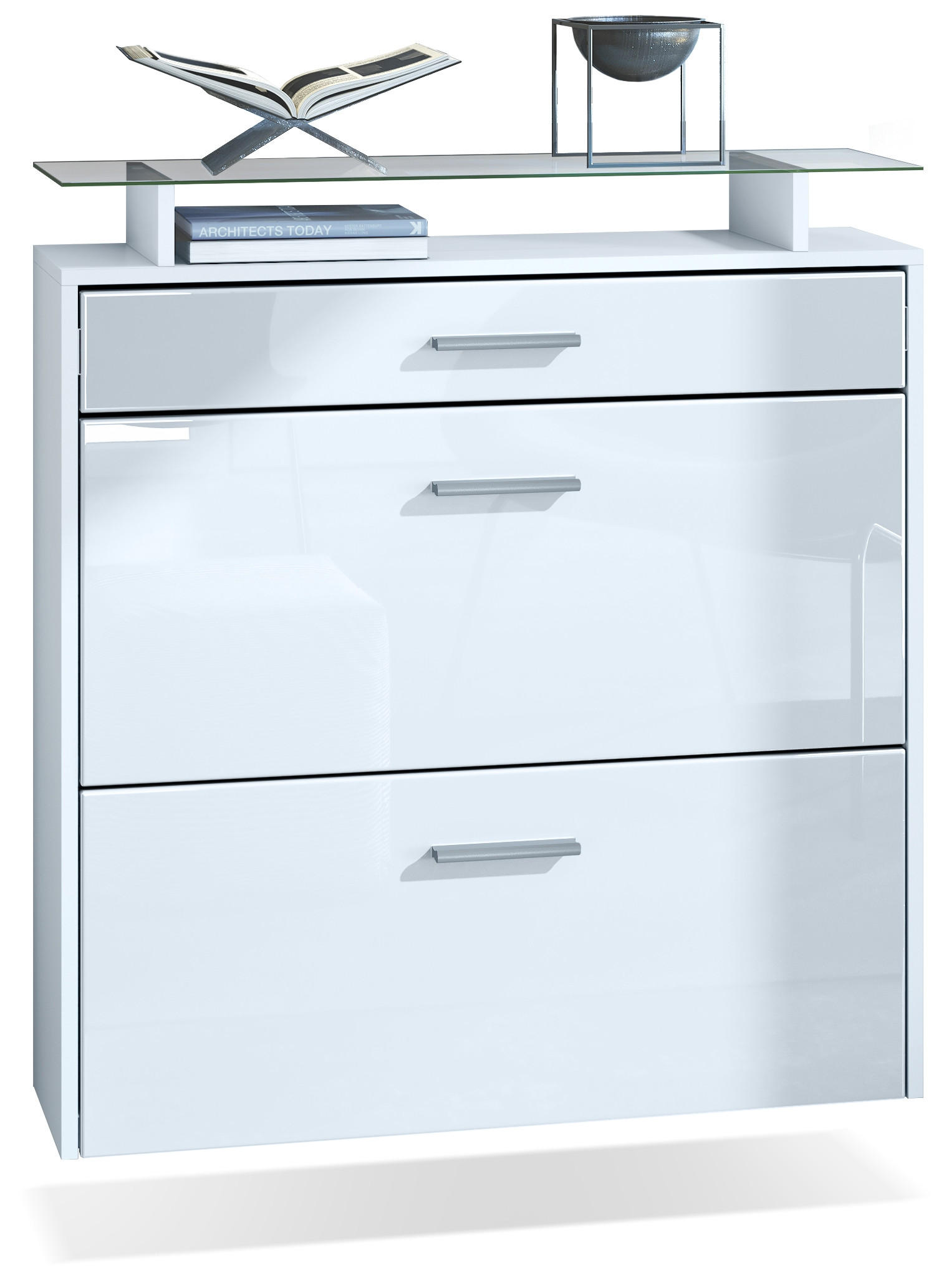 Vladon SCHUHSCHRANK Weiß Hochglanz 89cm × 23cm × 96cm