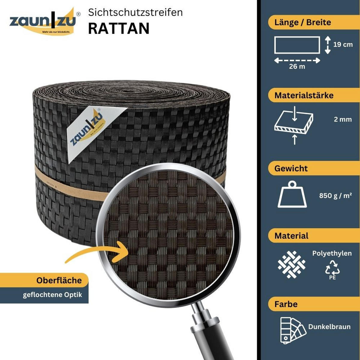 SICHTSCHUTZSTREIFEN Rattan PE für Doppelstabmatten Dunkelbraun 26m - Dunkelbraun, Kunststoff (2600/19cm) - ZAUN|ZU
