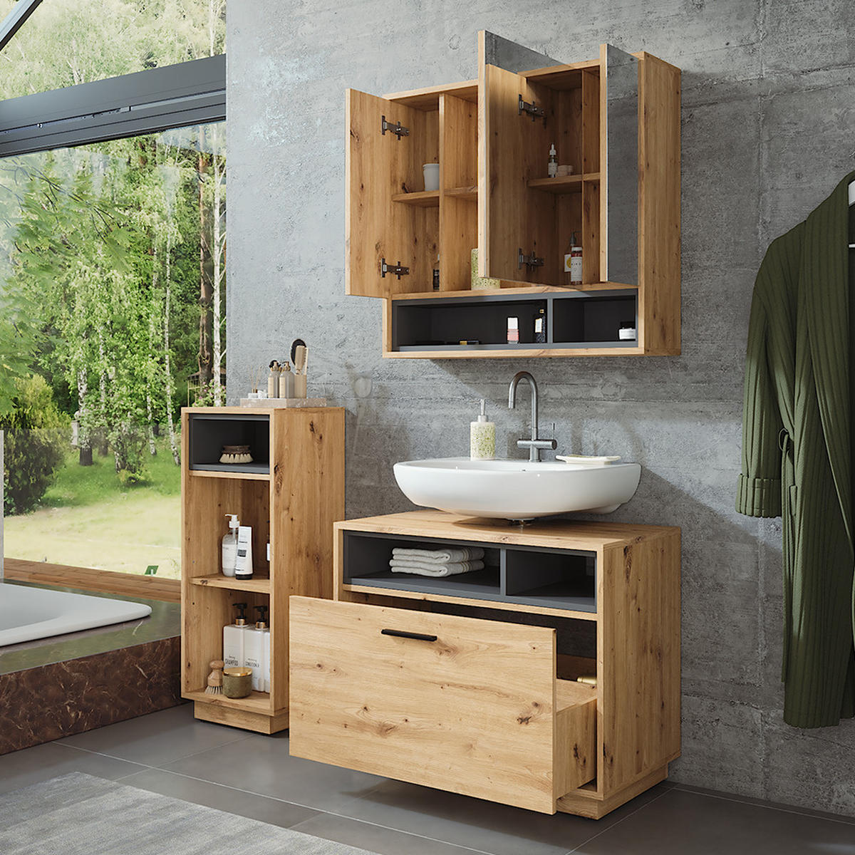 SADA KOUPELNOVÉHO NÁBYTKU Beatrice Dub Artisan/antracit - antracitová/dub artisan, kompozitní dřevo (80/64/35cm) - Vicco