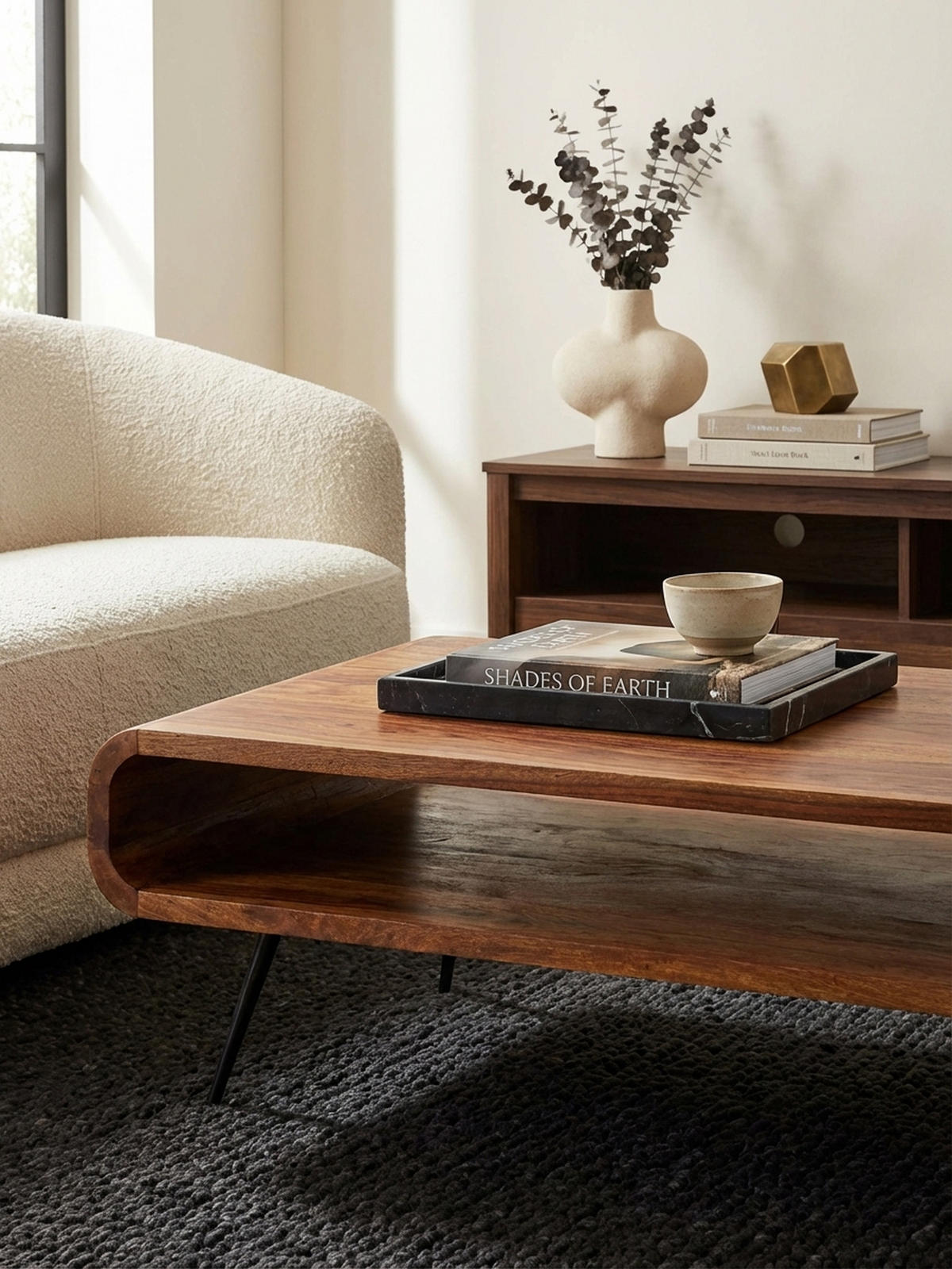 WOHNZIMMERTISCH Massivholz Sheesham, Modernes Design mit Staufach - Schwarz/Braun, Holz/Metall (55/90/30cm) - KADIMA DESIGN