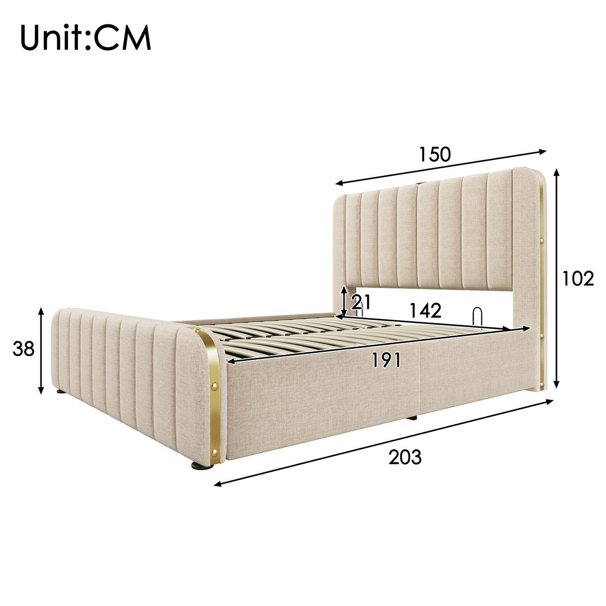 ČALOUNĚNÁ postel 140/190 cm s USB a USB-C, hydraulickým úložným prostorem a lněným čelem se zlatými detaily, Béžová - béžová, textil (140/190cm) - Redom
