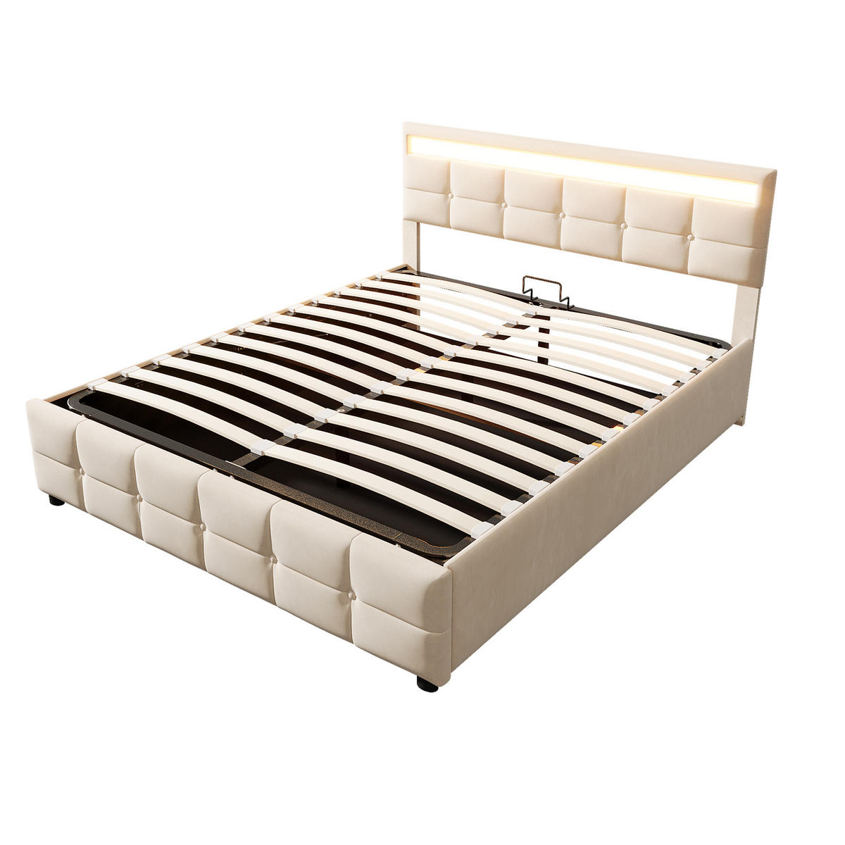 POLSTERBETT 180/200 cm in Beige Samt mit Bettkasten und LED - Beige, Holzwerkstoff/Textil (180/200cm) - WISHDOR