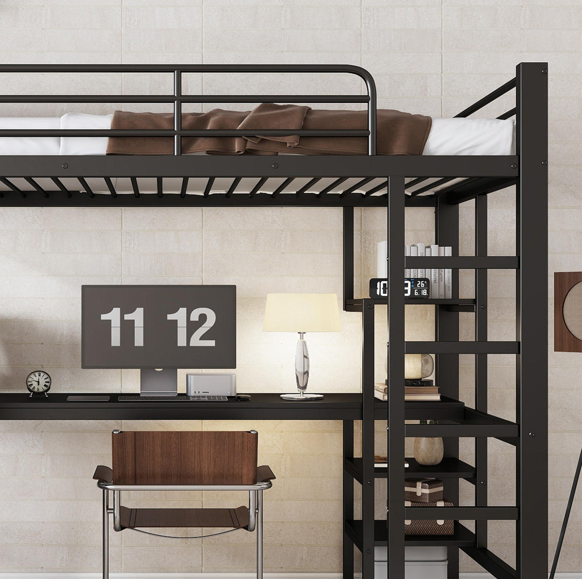 HOCHBETT 90/200 cm aus Metall/MDF mit Schreibtisch und Kleiderschrank Schwarz - Schwarz, Metall (90/200cm) - Modenvie