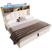 POLSTERBETT aus Leinen und MDF 140x200 cm Beige mit LED-Beleuchtung, Stauraum und USB-/Typ-C-Anschlüssen - Beige, Textil (140/200cm) - IVMEU