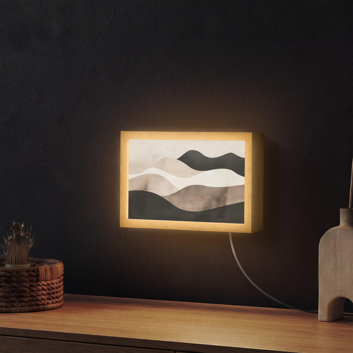 NÁSTĚNNÁ LAMPA Abstraktní - Krajina - Vlny - Krémová barva 30x20 cm - šedohnědá, kompozitní dřevo (30/20/8cm) - OnlyWow