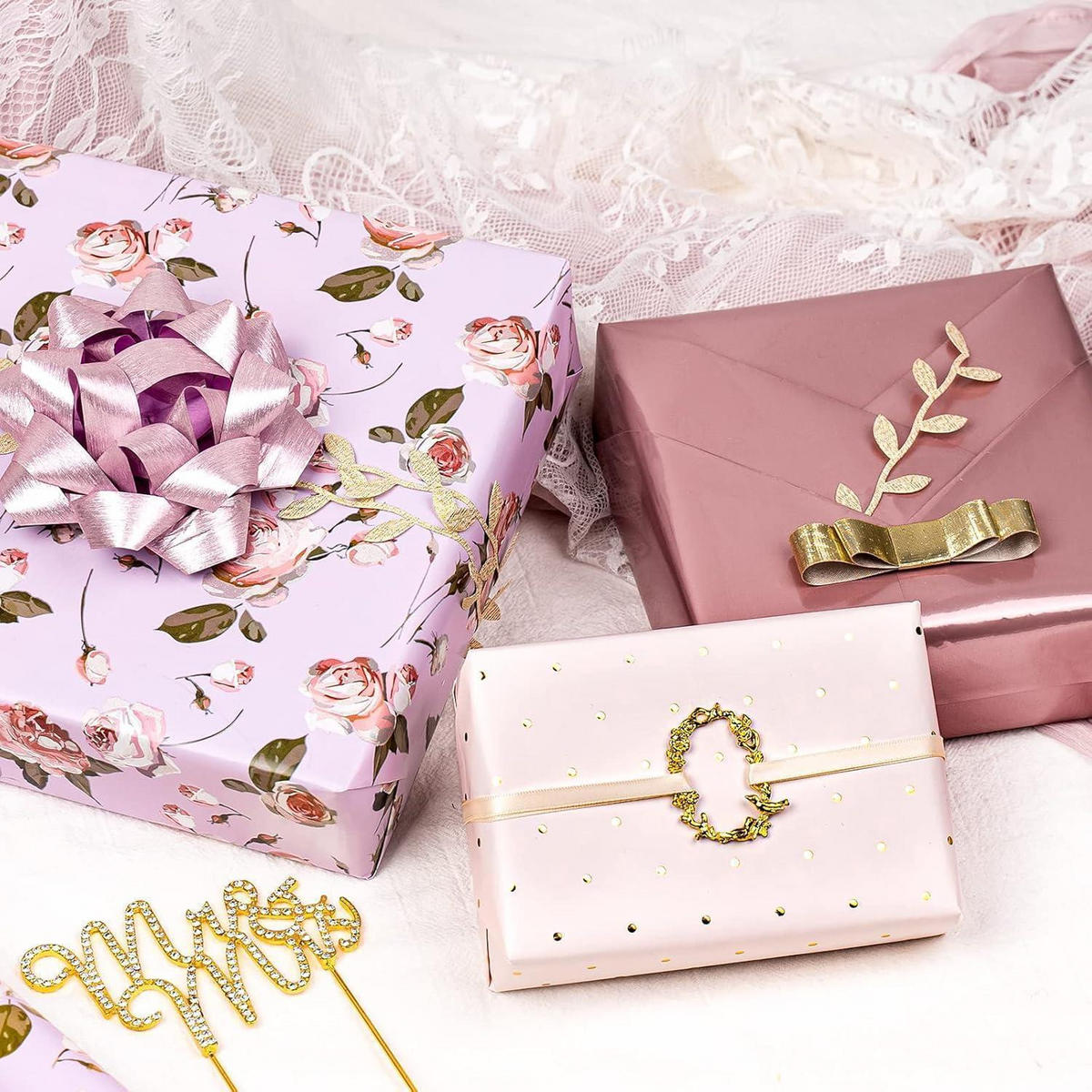 GESCHENKPAPIER 3 Rollen Mini-Rolle 43,2 cm x 3,05 m Rosa Roségold Designs - Multicolor, Papier (10/4/44cm)